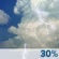 This Afternoon: A 30 percent chance of showers and thunderstorms.  Partly sunny, with a high near 91. South wind 5 to 10 mph. 